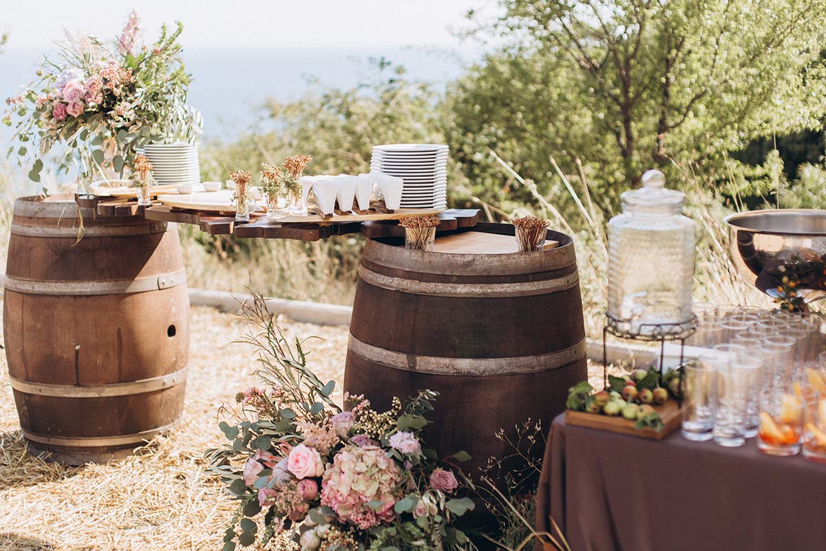 wedding flower barrels