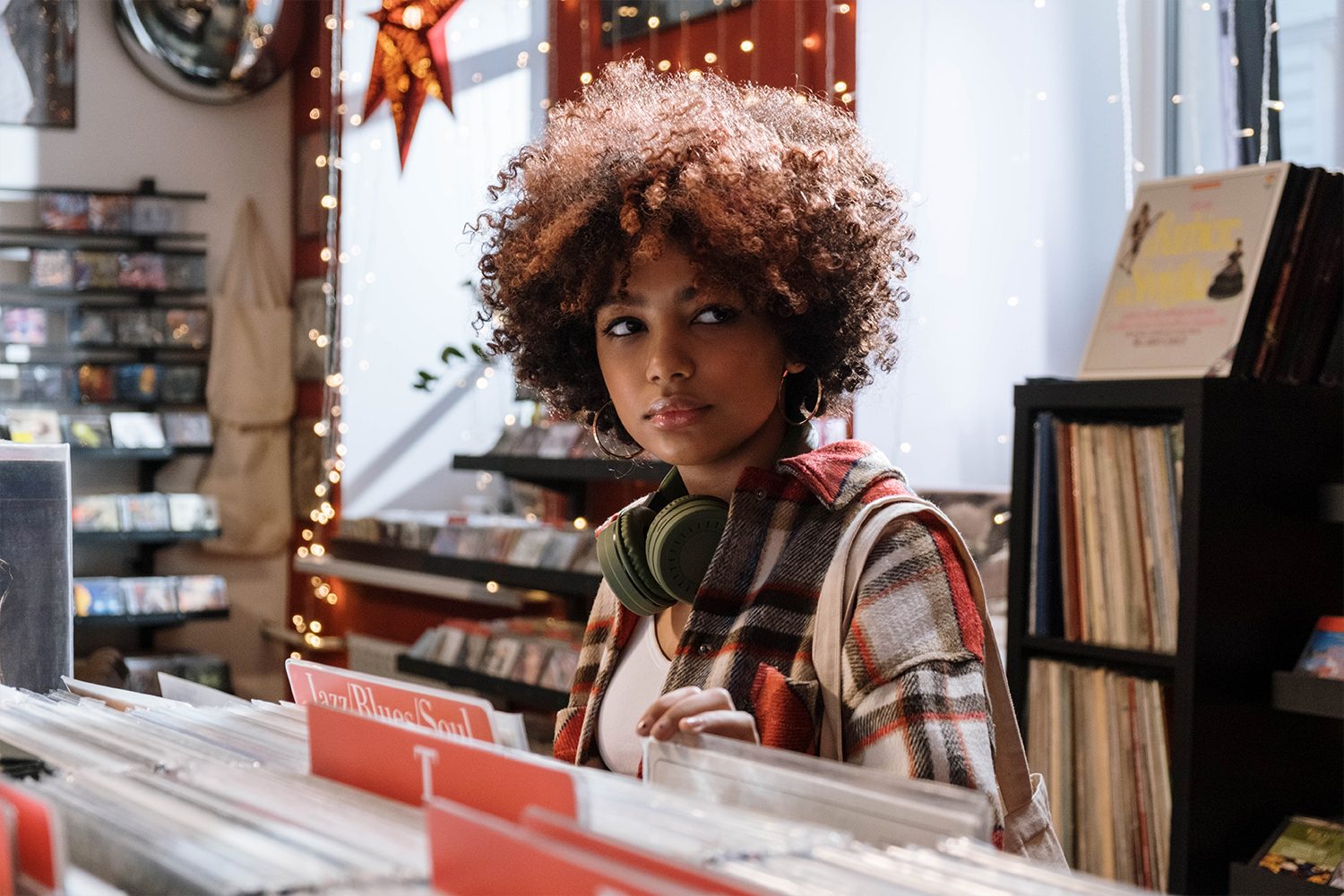 woman in a record store